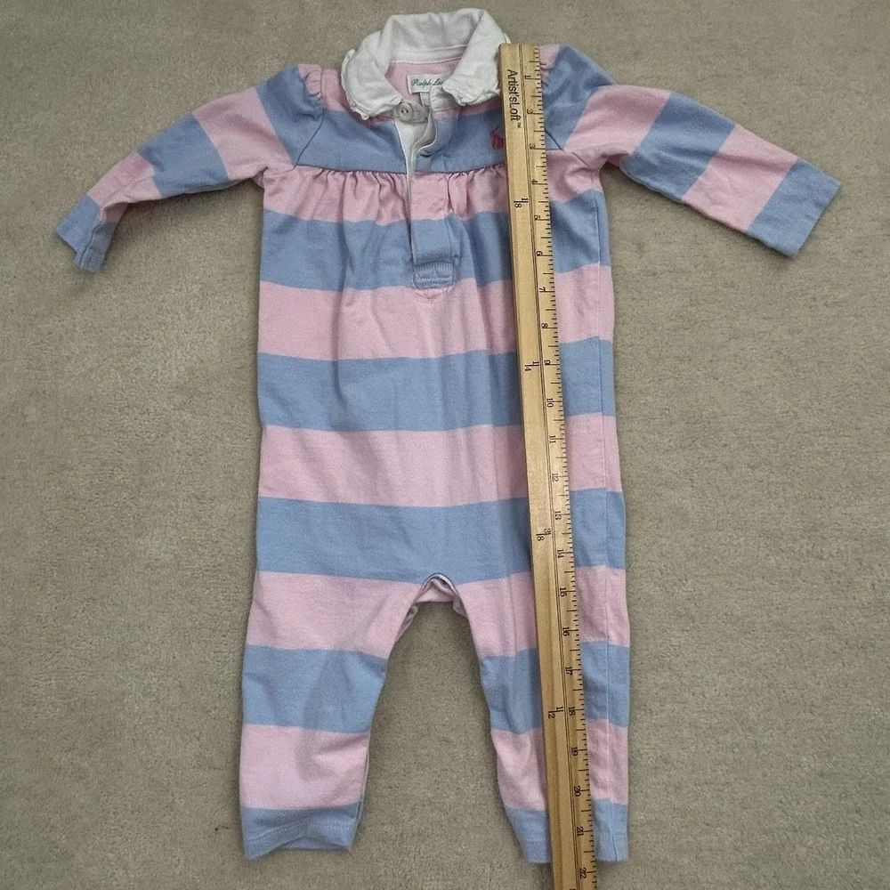 Ralph Lauren Baby Girl Romper 9M Pink Blue Striped Long Sleeve